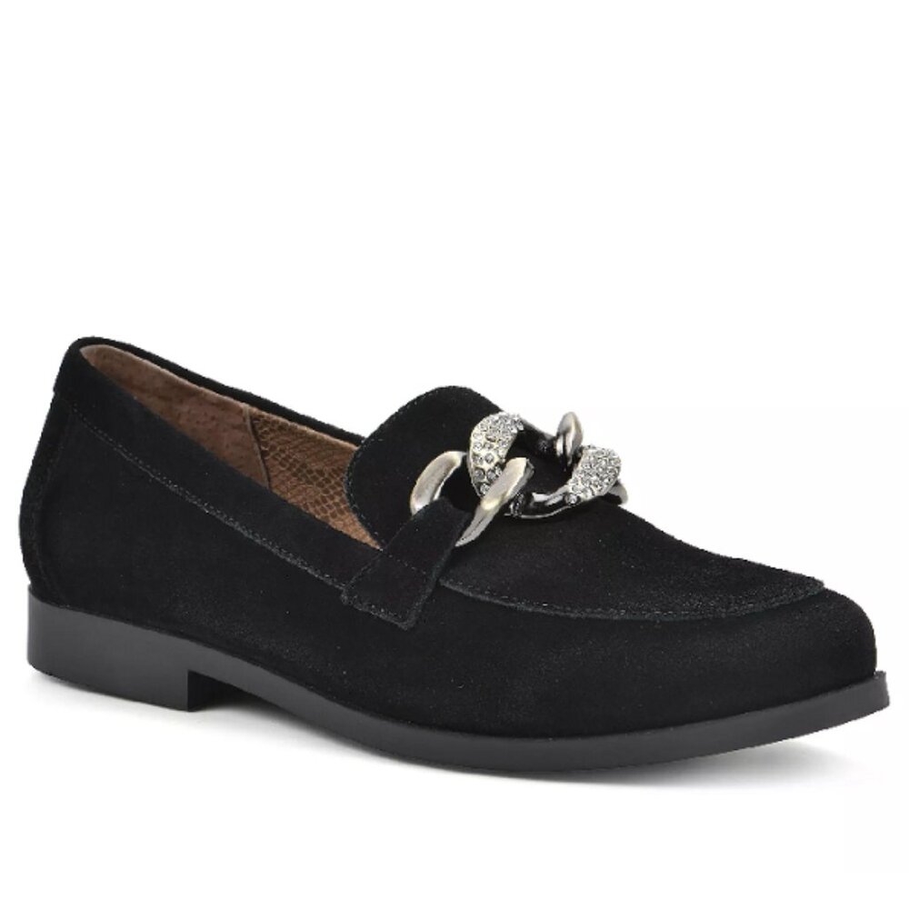 WHITE MOUNTAIN Women Black Suede Leather w/Chain Casavas Loafer Shoe NWOB Size 7